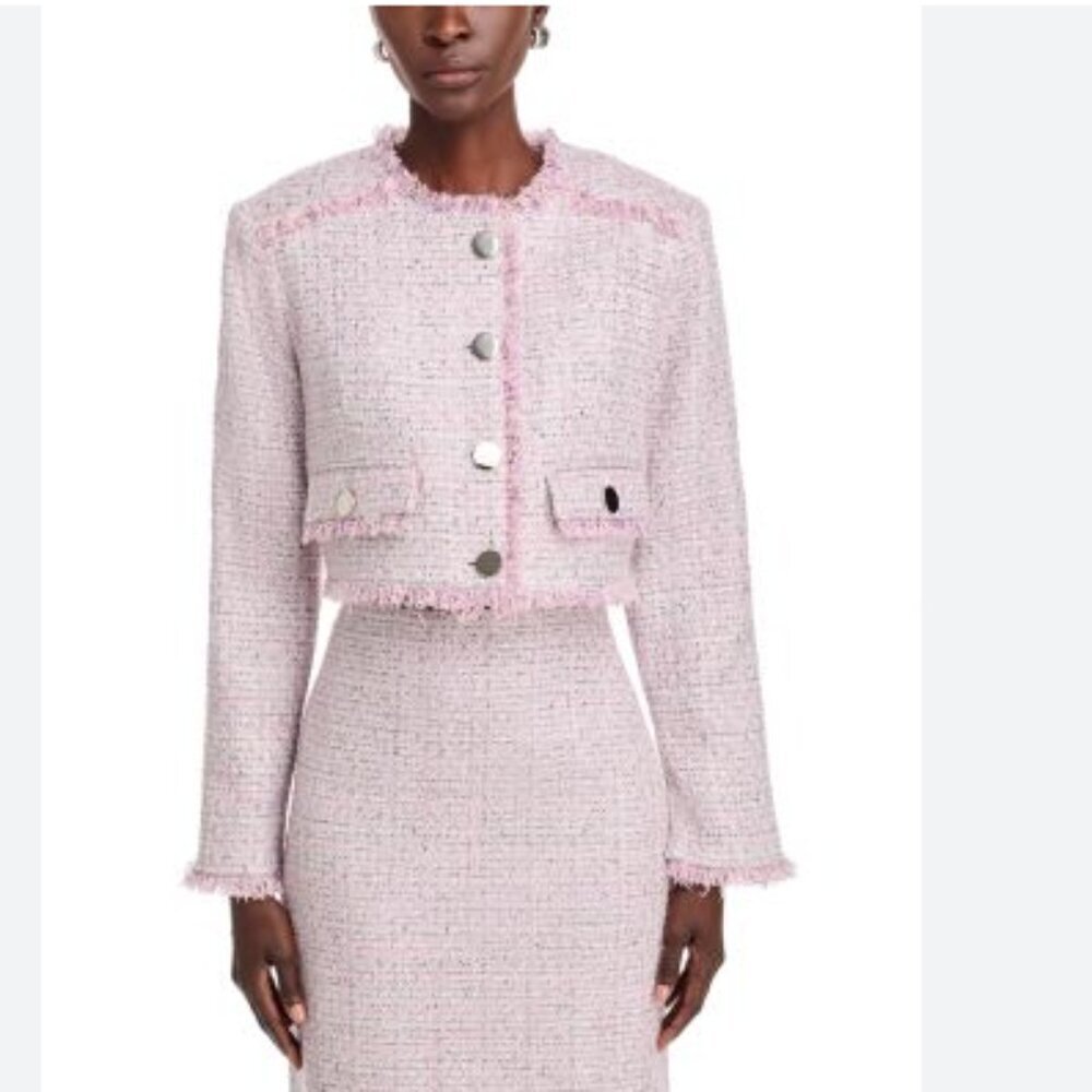 NWT Elie Tahari Toccin Lainey Tweed Jacket buttons Small pink cropped fringe